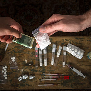 Drugs and cash arranged on a table, depicting an illicit transaction involving narcotics.